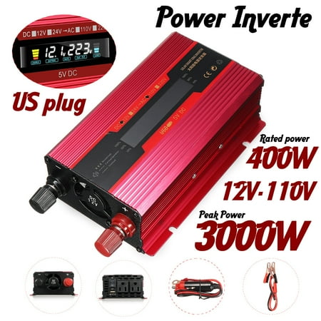 3000w Power Inverter - 3000W Power Inverter for Car DC 12V to AC 110V Car Power Inverter Adapter With Clip Battery Cale + Cigarette Lighter Cable