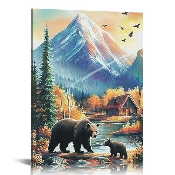 Creowell Bear Cub Mountain Landscape Wall Decor for Home Living Room Bedroom Office, Perfect Gift for Various Occasions, Artistic Canvas Wall Art 12x16in