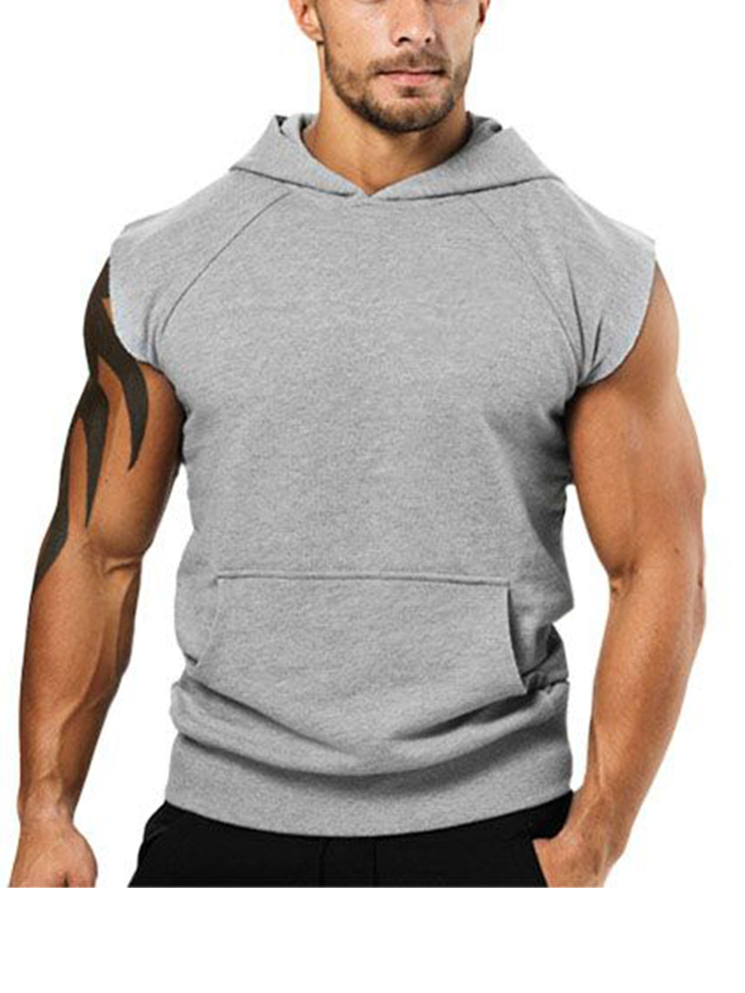 Lehmanlin Men’s Sleeveless Workout Hoodies Gym Tank Tops Muscle Bodybuilding With Pockets 