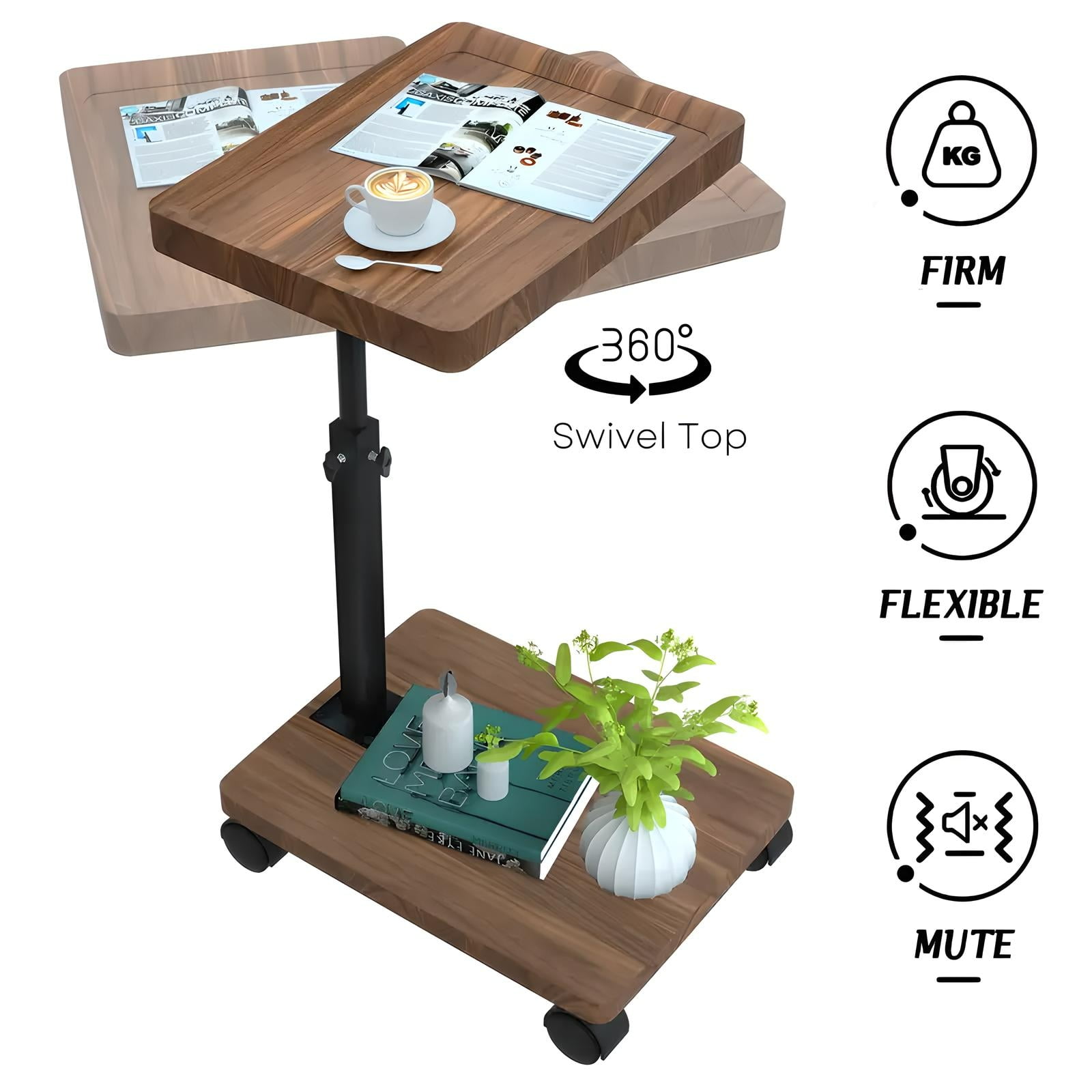 StarZe Adjustable Height C Shaped End Table,360° Swivel Side Tables with Wheel  for  Livingroom, Bedroom,Primary.