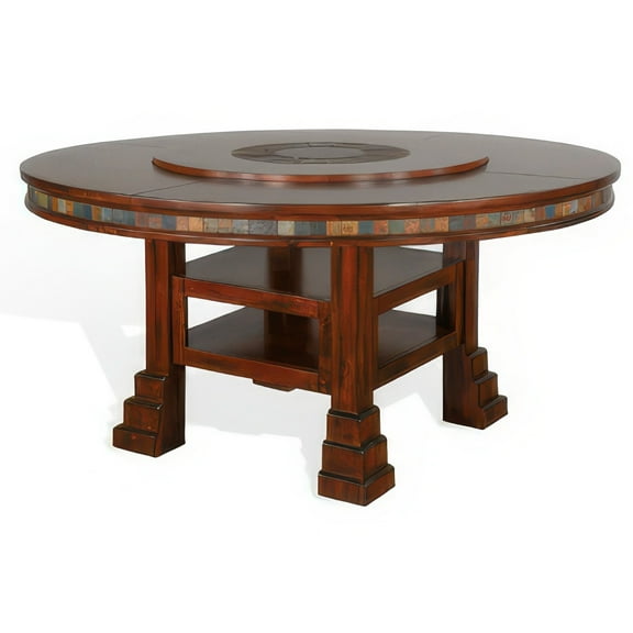 Odell Dining Table w Lazy Susan, 2 Shelves, 60 Inch Round Dark Brown