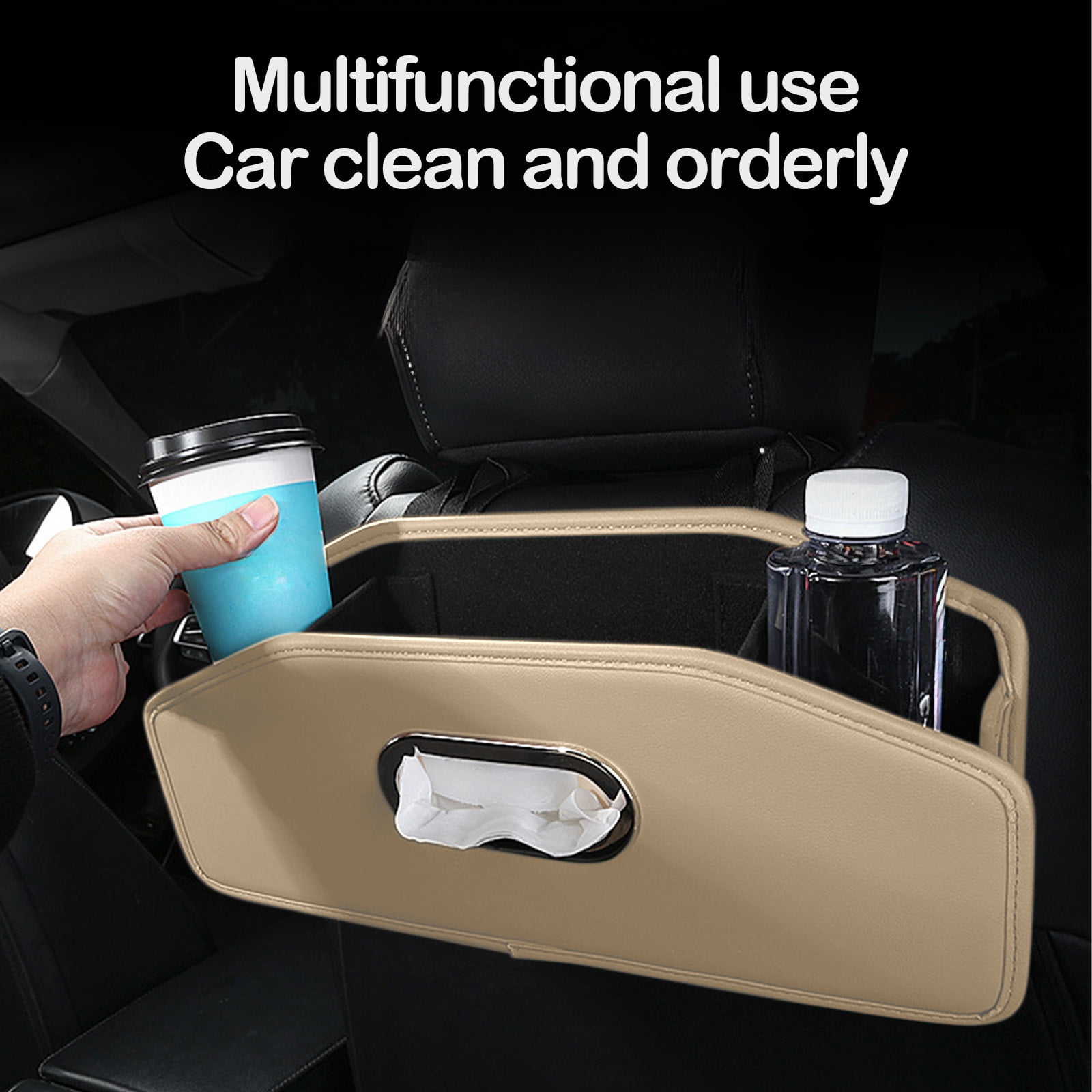 Car Headrest BackSeat Organizer with Cup Holder and Paper Towel Case - Hangable Storage Box for Car Backseat, Interior Decoration, Multifunctional Auto Travel Accessories