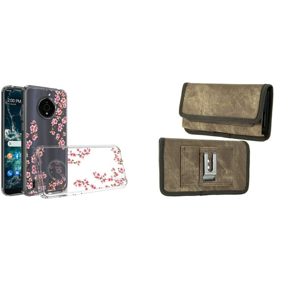 Case and Pouch Bundle for Nokia C200: Slim Series TPU Protector Case (Winter Jasmine Blossom) and Rugged Denim Nylon Belt Holster (Tan Brown)