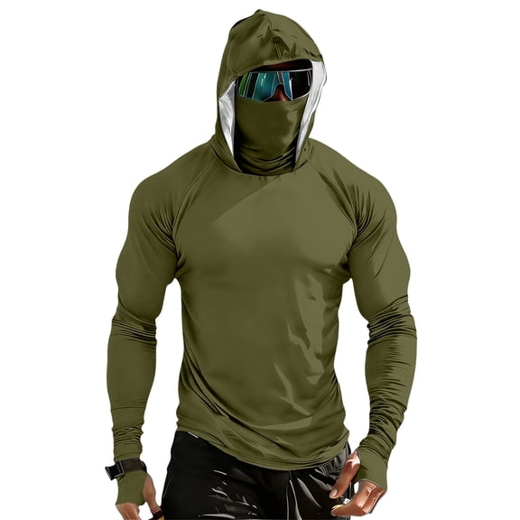 Dresfit Sun Shirts for Men Big and Tall Hooded Fishing Shirt Summer 2026 Long Sleeve Hiking Pullover Upf 50 Sun Protection Workout Hoodies with Face Mask Army Green L