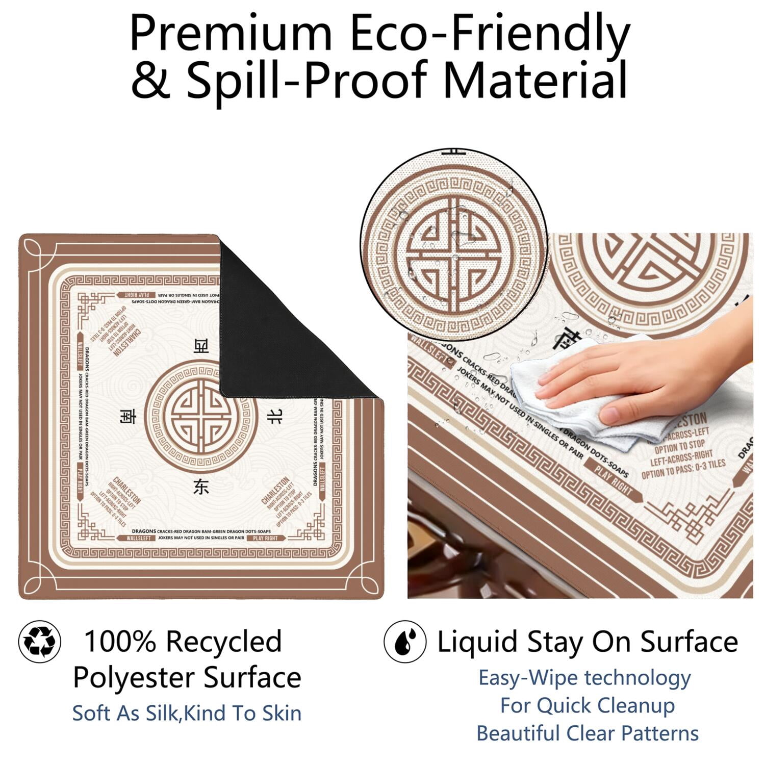 Brown Mahjong Mat with Rules, 31.5*31.5in Anti Slip American Mahjong Mat for Table, Noise Reduction, Neoprene Mah jongg Mats with Carrying Bag & 3 Dices, Mahjong Supplies Gift, Board Tile Games Mats