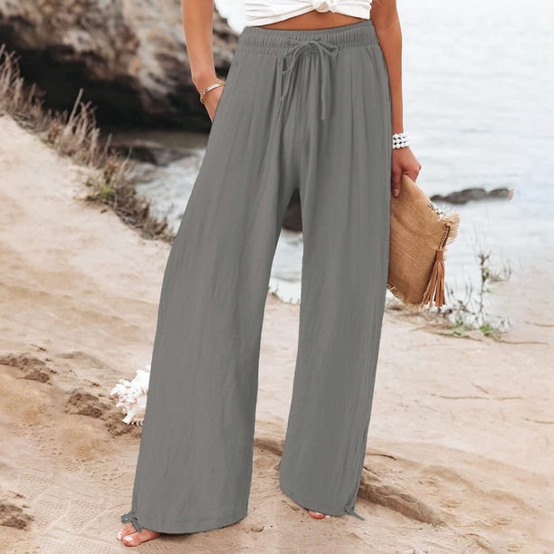 WILLBEST Pantalones Casuales de Lino para Mujer, Cintura Alta Elástica, con Cordón Ajustable, Holgados, de Pierna Ancha, para Actividades Informales En La Playa. Chica