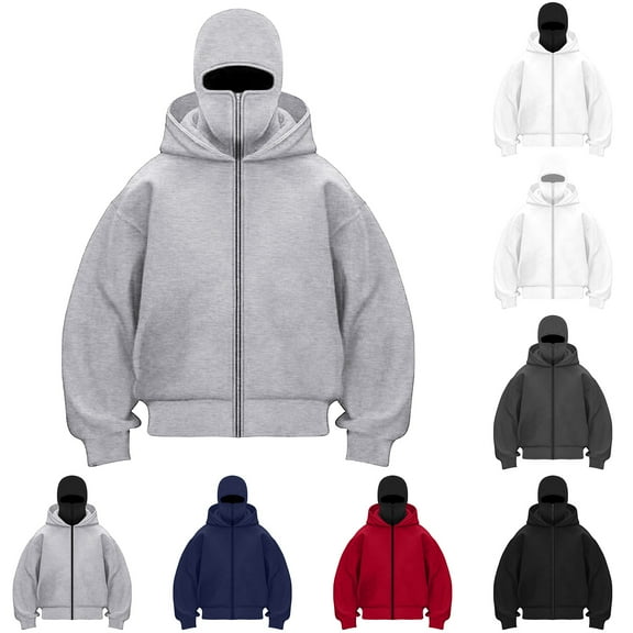 TTUHYWXI Balaclava Jacket Zip Up Fashion Double Layer Hoodie Hip Hop Outerwear Jacket Y2K Clothing for Men and Women (Clear, XXL)