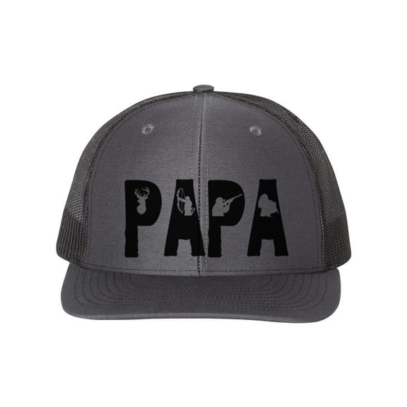 Papa Hat, Papa, Gift For Papa, Trucker Cap, Adjustable, Hunting Hat, Deer Hunting, Turkey Hunting, Gift For Grandpa, Grandpa Hat, Black Text, Charcoal/Black
