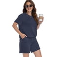 thumbnail image 3 of Asklazy Two Piece Sets for Women Summer Travel Vacation Outfits Pleated Short Sleeve Lounge Sets,Mother‘s Day,Navy blue,2XL, 3 of 9