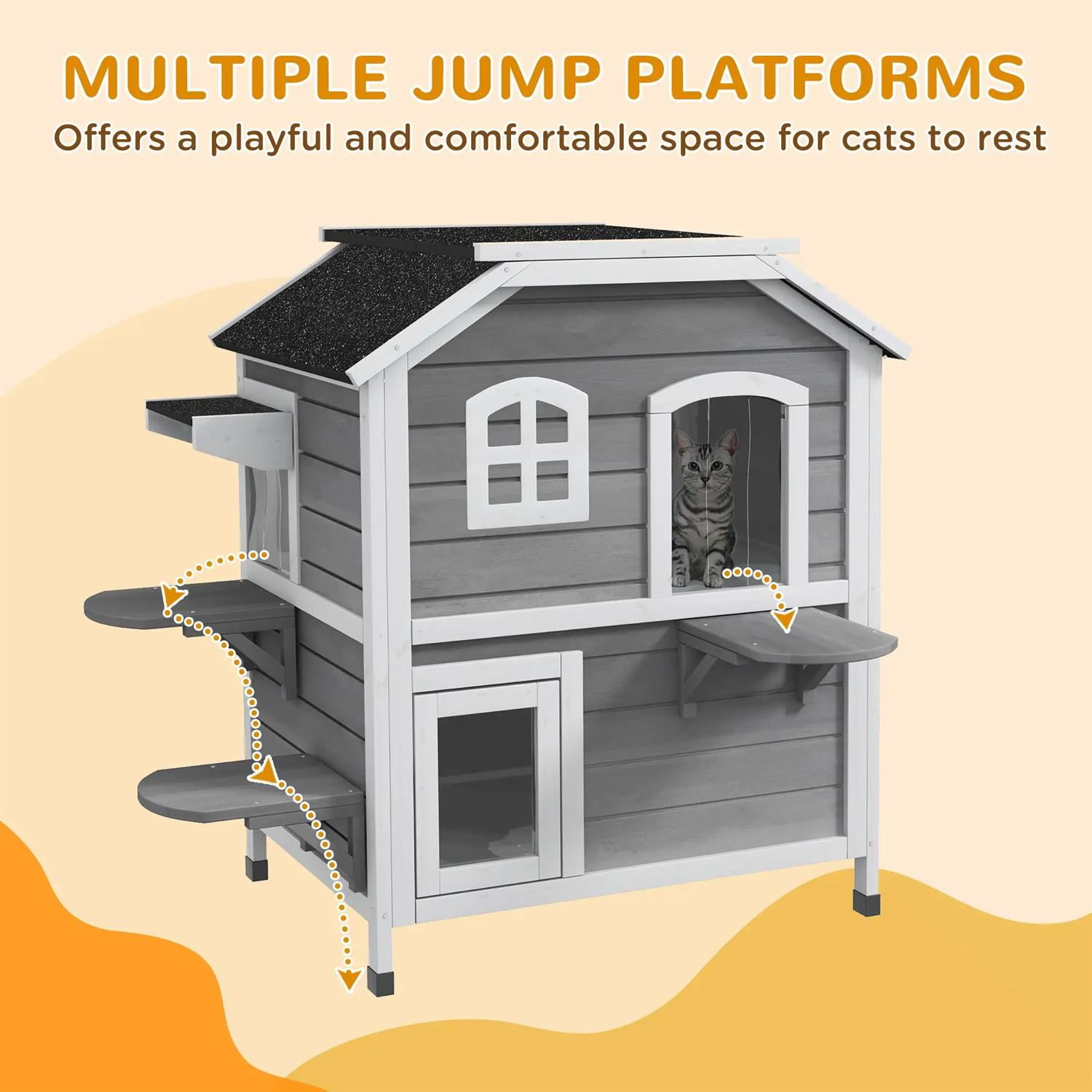 Pefilos 2-story Outdoor Weatherproof Cat House with Openable Roof, Escape Door, Jumping Platforms, Wooden Feral Shelter for Cats and Small Animals, Gray