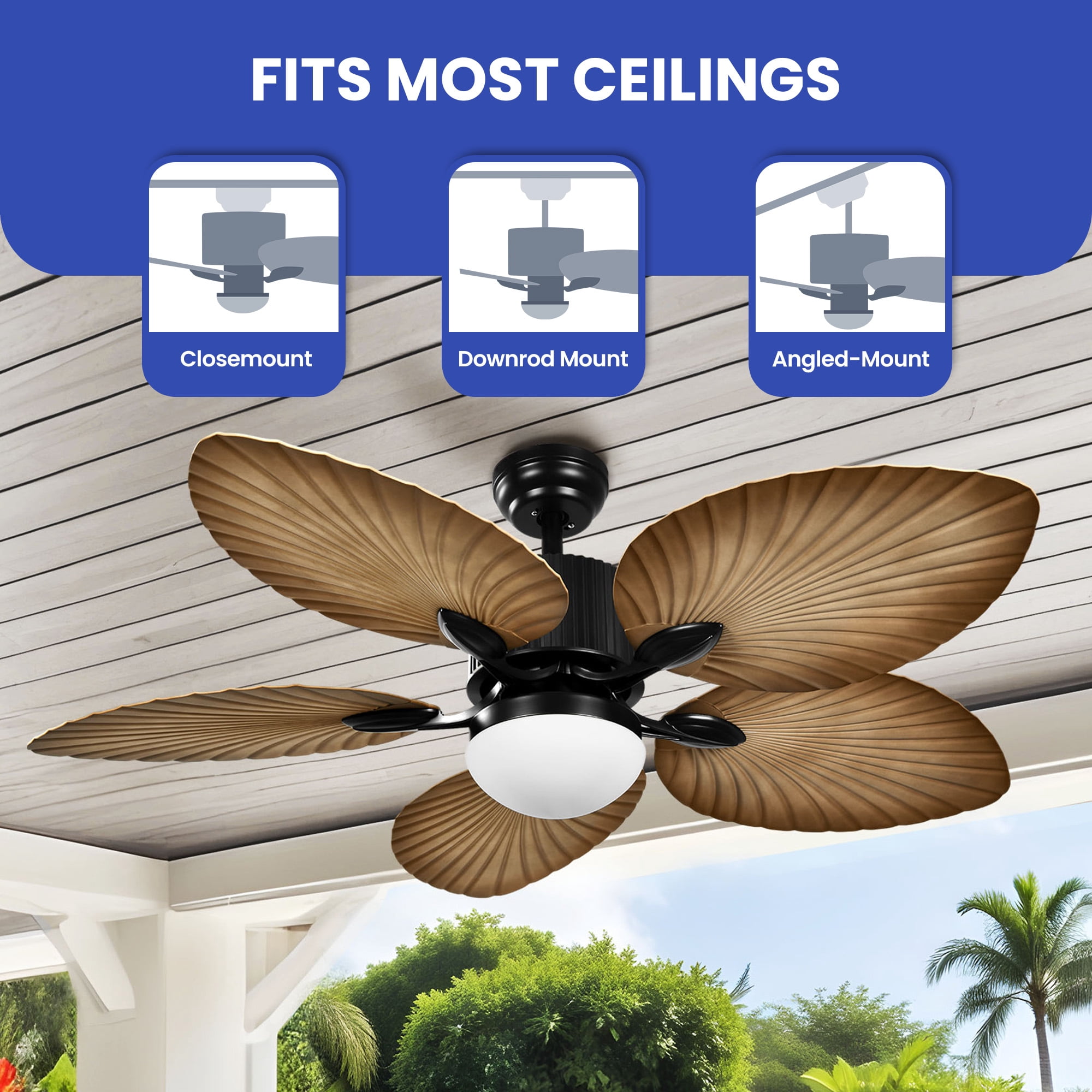 ModFusion 52-inch Tropical Coastal Ceiling Fan with LED Light & Remote, Quiet Reversible DC Motor, 5 Palm Blades, Brown