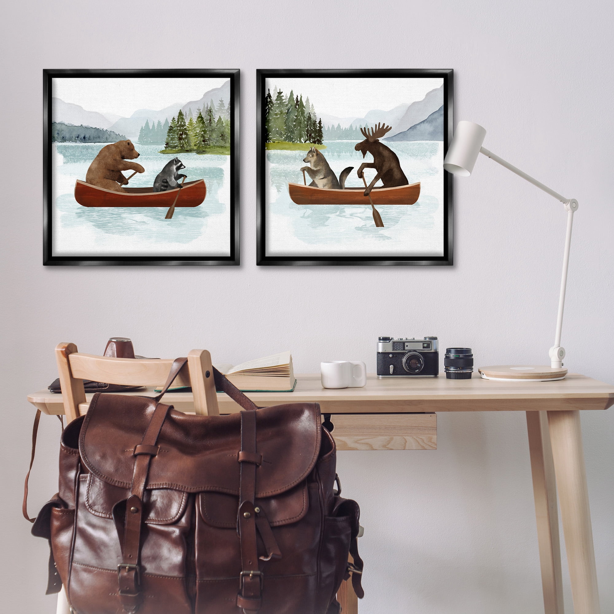 Stupell Industries Woodland Animals on Canoes Animals & Insects Painting Black Floater Framed Canvas Art Print Wall Art, 25 x 25, Set of 2
