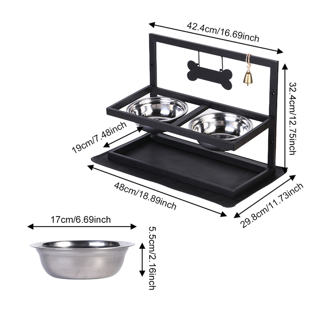 Double Bowl Stainless Steel Pet Bowl Stand For Cats And Dogs Metal Feeder With Mat And Bell Food And Water Bowls For Pets