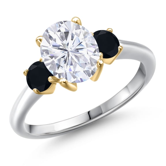 Gem Stone King 925 Silver and 10K Yellow Gold White Moissanite and Black Onyx Engagement Ring for Women | 2.54 Cttw | Oval 9X7MM | Gemstone Birthstone | Size 9