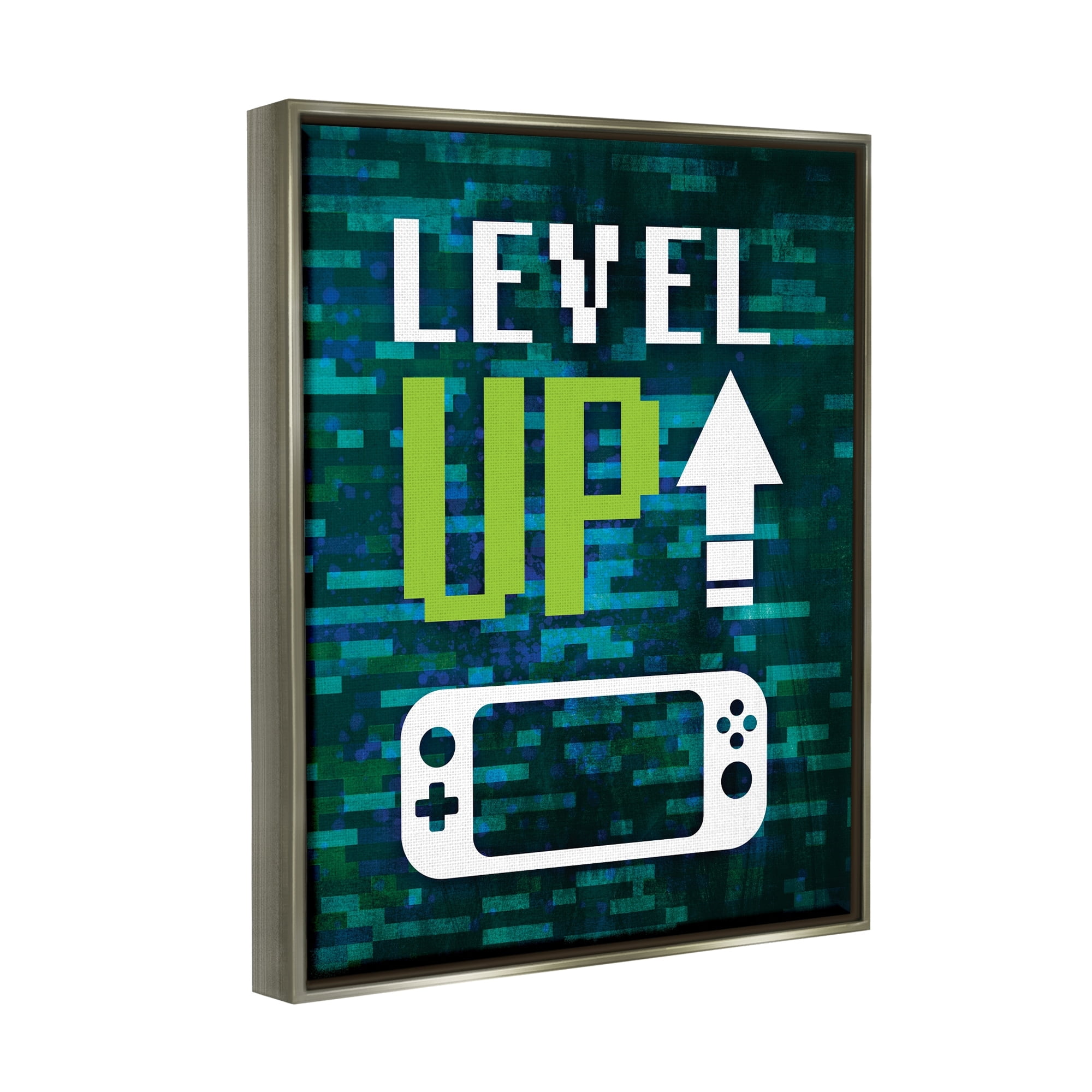 Stupell Industries Level Up Video Gaming Pixel Text Design Graphic Art Luster Gray Floating Framed Canvas Print Wall Art, Design by Victoria Barnes