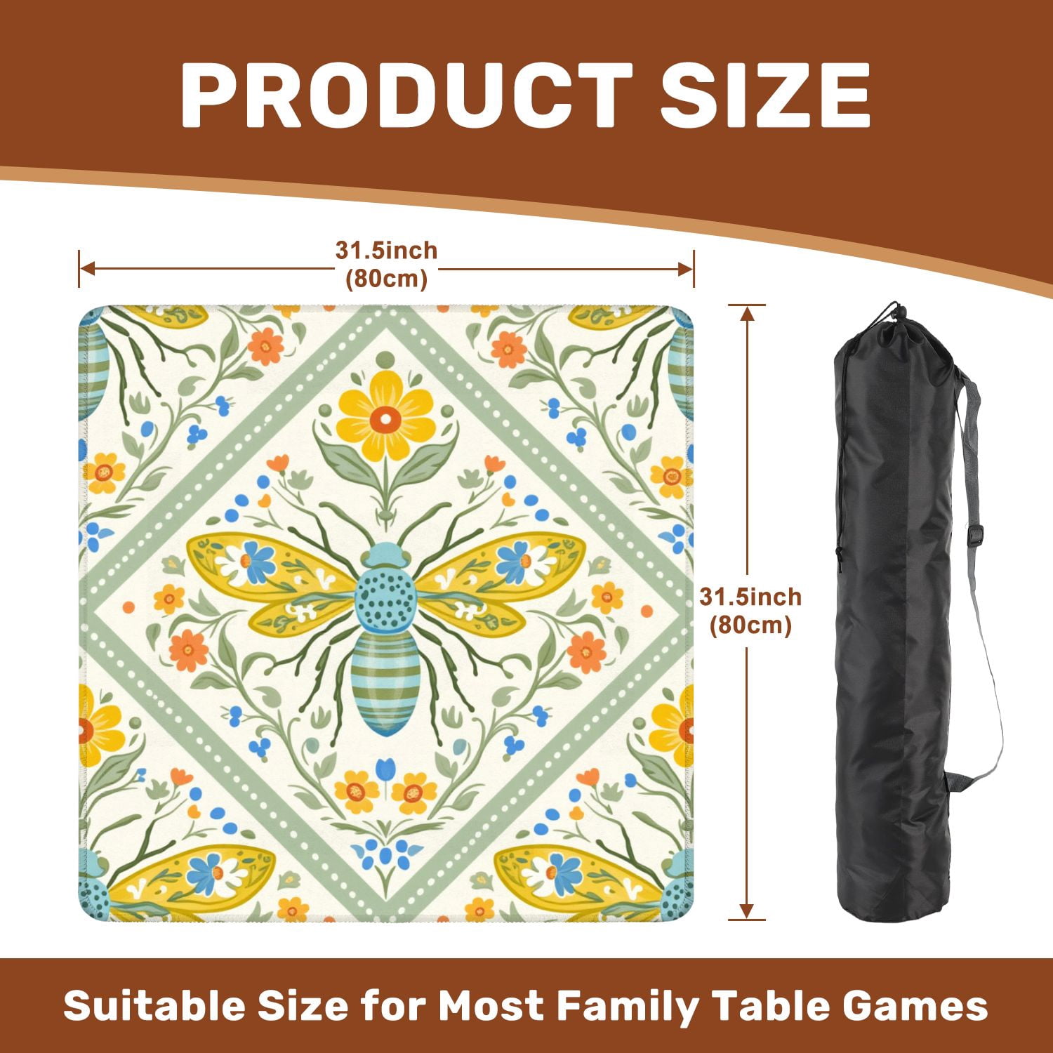 Mahjong Mat 31.5" x 31.5" Colorful Floral Bee Yellow Blue Orange Flowers Folk Art Style Non-Slip Noise Reduction American Mahjong Tiles Table Cover for Dominoes Poker Card Board Games Gift