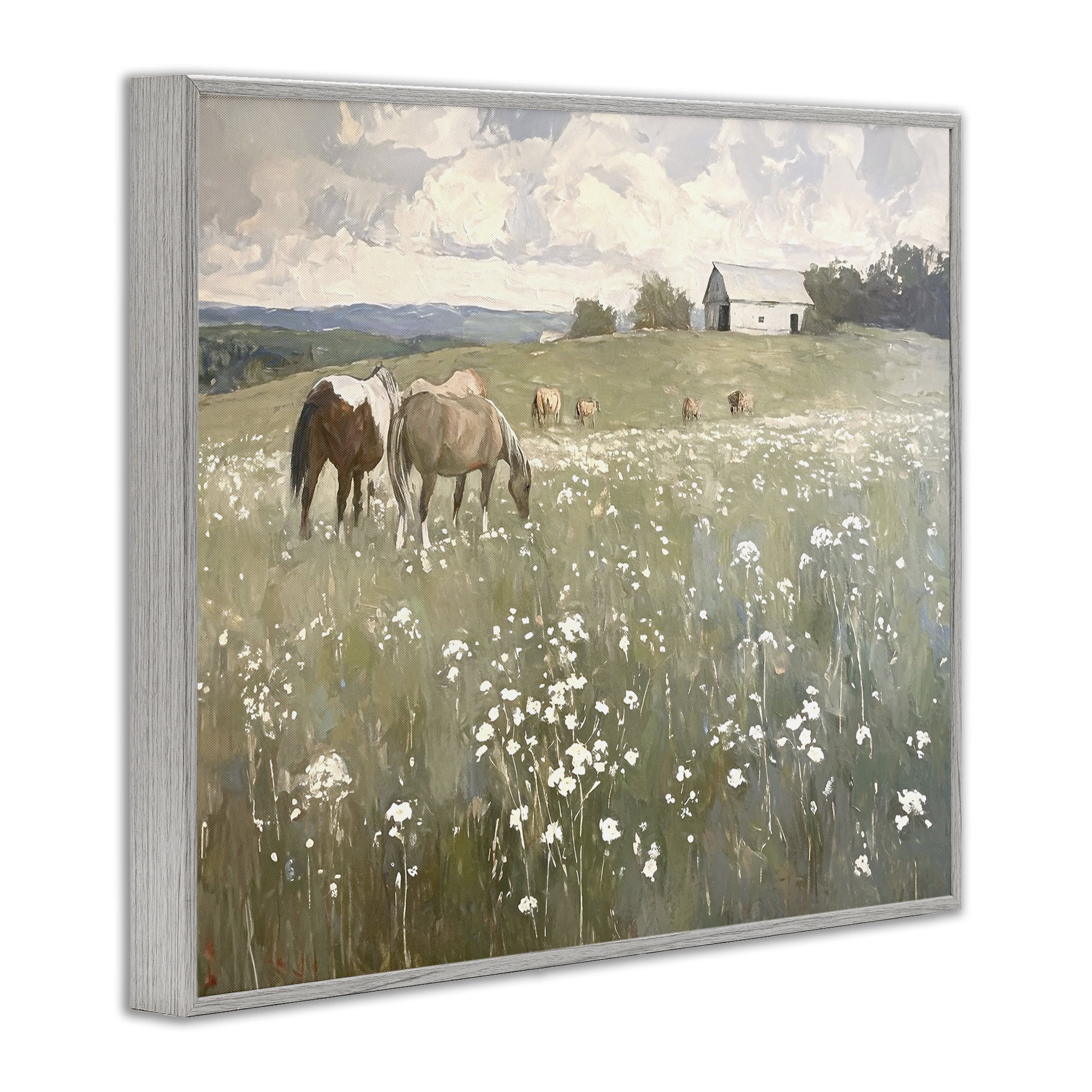 Stupell Industries Horses in Pasture Landscape Painting Gray Framed Art Print Wall Art, 14 x 11