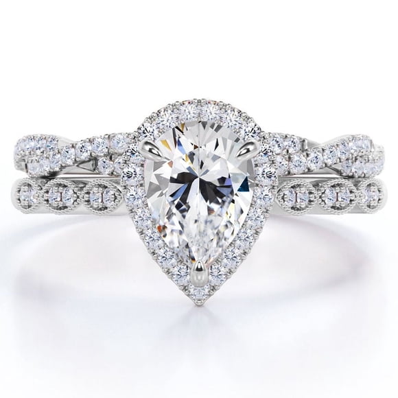JeenMata Anillo de Compromiso Vintage con Circonita Cúbica y Piedra Natal de Abril en Talla Pera de 1,5 Quilates: Conjunto Nupcial con Halo Pavé en Oro Blanco de 18 K sobre Plata