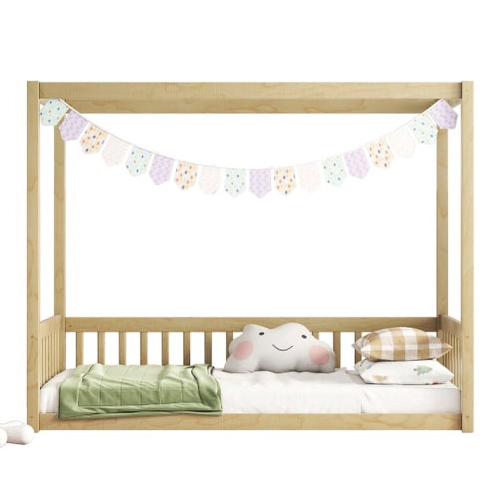 Yoneston Twin Size Canopy Frame Floor Bed Frame with Guardrails, Montessori Floor Bed with Fence for Kids Girls Boys Bedroom Furniture, Natural