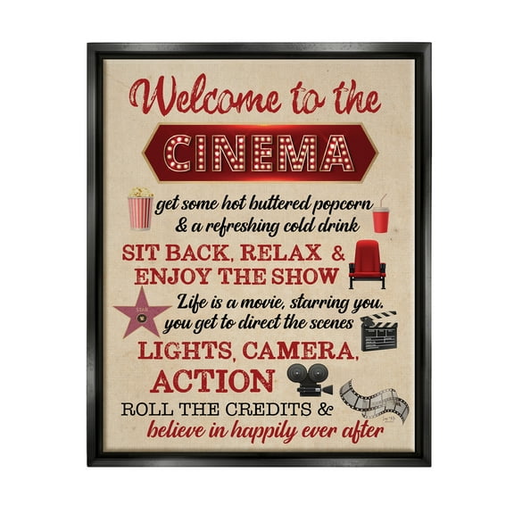 Stupell Industries Welcome to Cinema Rules Beauty & Fashion Painting Black Floater Framed Art Print Wall Art, 17 x 21