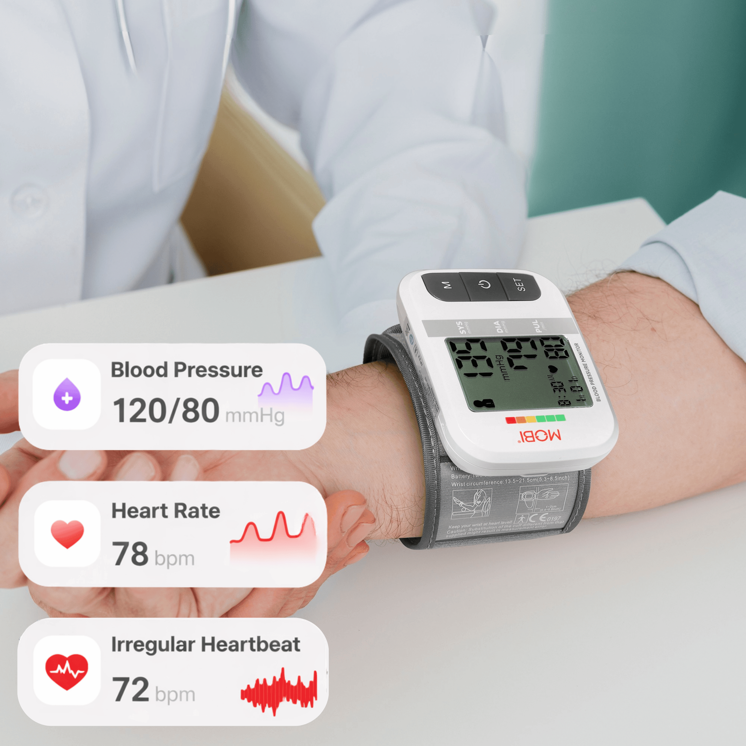 (6 pack) MOBI Blood Pressure Cuff - Wrist Blood Pressure Monitor - Automatic BP Cuff with Large LCD Display - Pulse Rate, Irregular Heart Rate Monitor
