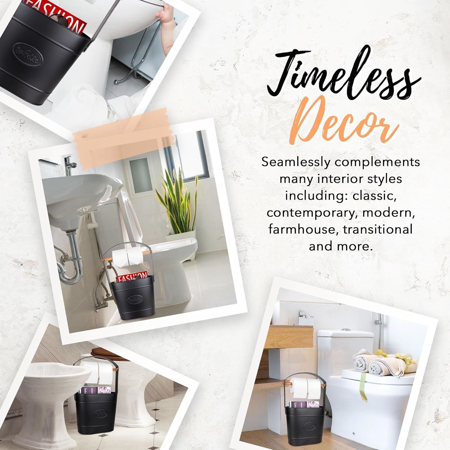 Farmhouse Toilet Paper Holder Stand – Free Standing Bathroom Tissue Holder in Matte Black – Reserve Storage for Extra Rolls – Magazine Stand – Farmhouse Bathroom DecorBlack