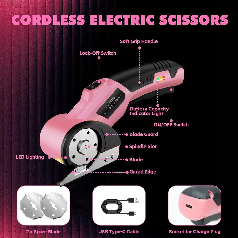 XMZHOU Cordless Electric Scissors Cardboard Box Cutter with LED Light ＆ Safety Lock Power Rotary Cutter for Fabric Carpet Leather, Pink