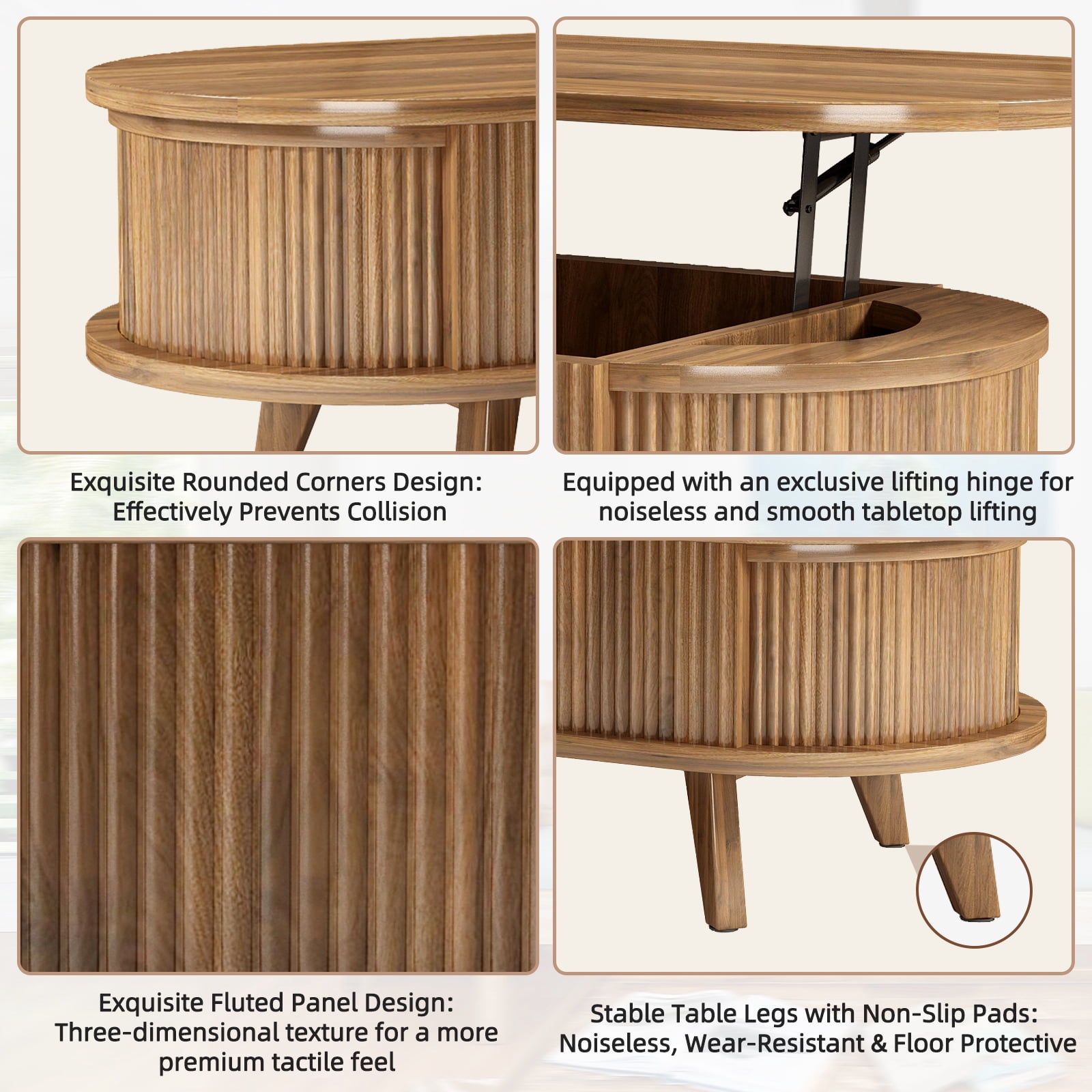 Hommoo Fluted Lift Top Coffee Table with Hidden Storage Compartments, Mid-Century Modern Oval Wooden Center Table for Living Room, Office & Small Spaces, Walnut