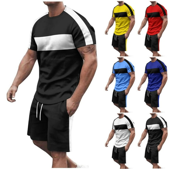 cllios Mens 2 Piece Sweat Suits Big and Tall Color Block Workout Sets Casual Round Neck Short Sleeve Shirts and Shorts Sports Outfits for Men