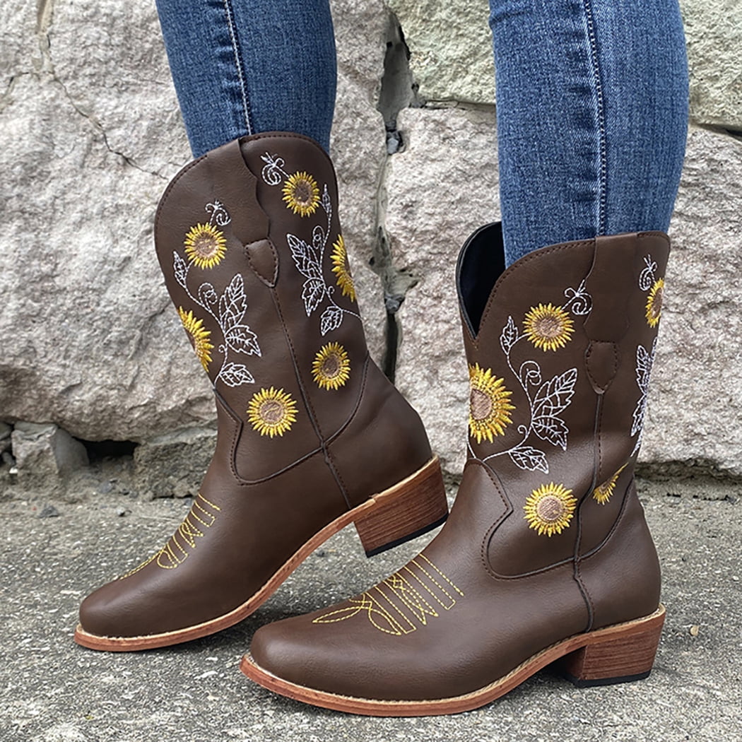 Bottes Courtes Femme Style Cowboy Western - Bout Rond, Talon Épais, Broderies Et Double Pompon Européen, Doublées Confortables