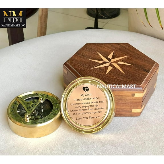 Anniversary Brass Sundial Compass with Special Engraved Greeting Romantic Gift Ideas for Him/Her Husband Gifts from Wife, Aniversity Gifts, 50th/25th Wedding Anniversary