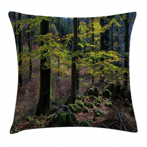 Forest Throw Pillow Cushion Cover, Natural Scenery Trees Autumn Season in Woods Wilderness Rural Growth Eco Photo, Decorative Square Accent Pillow Case, 20 X 20 Inches, Green Light Pink, by Ambesonne