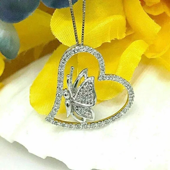 2Ct Round Cut Simulated Diamond Women's Butterfly Pendant 14K White Gold Plated 925 Sterling Silver