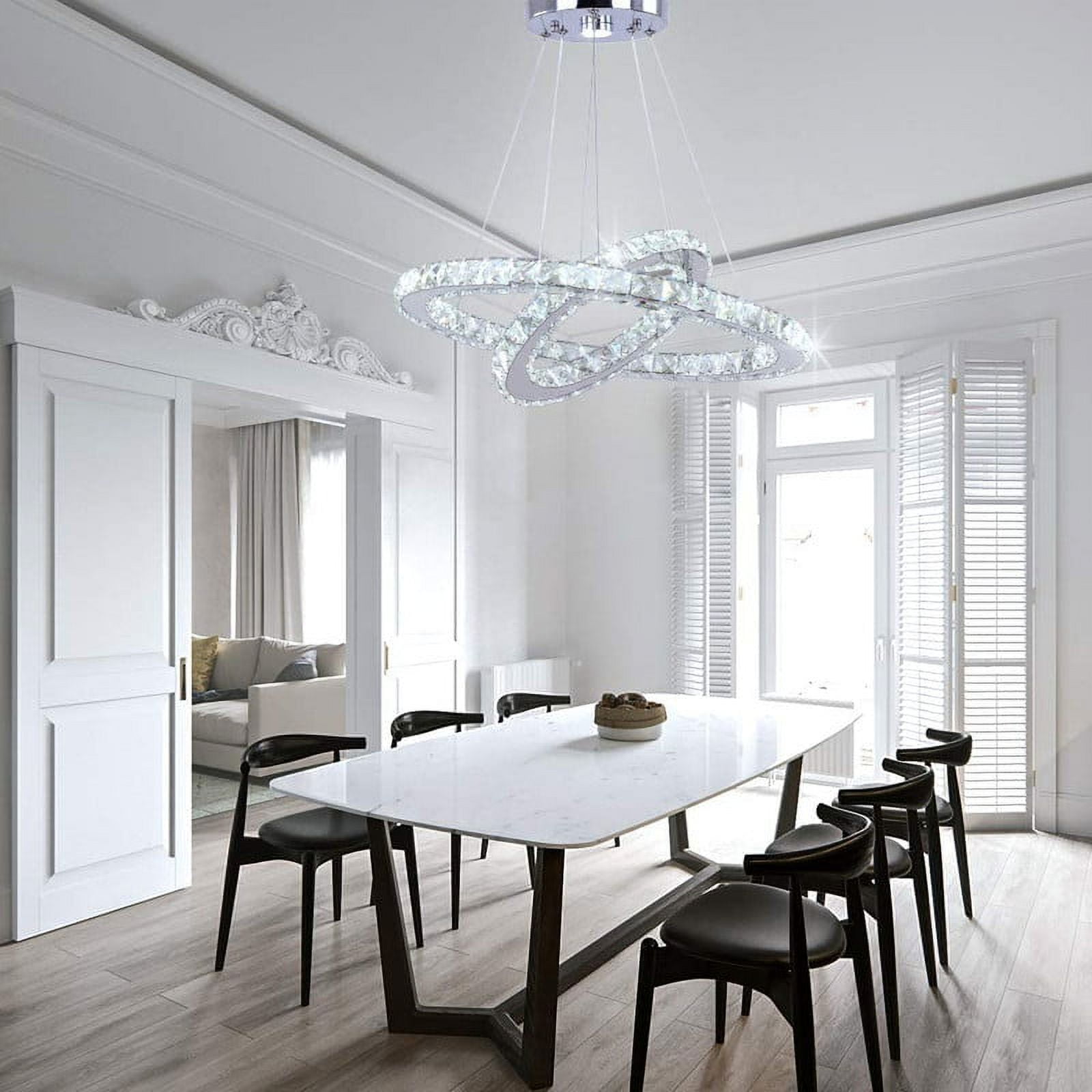 FRIXCHUR LED Modern Crystal Chandelier Ceiling Pendant Light 2 Rings Adjustable Stainless Steel Lighting Fixtures Dining Room Living Room (White)