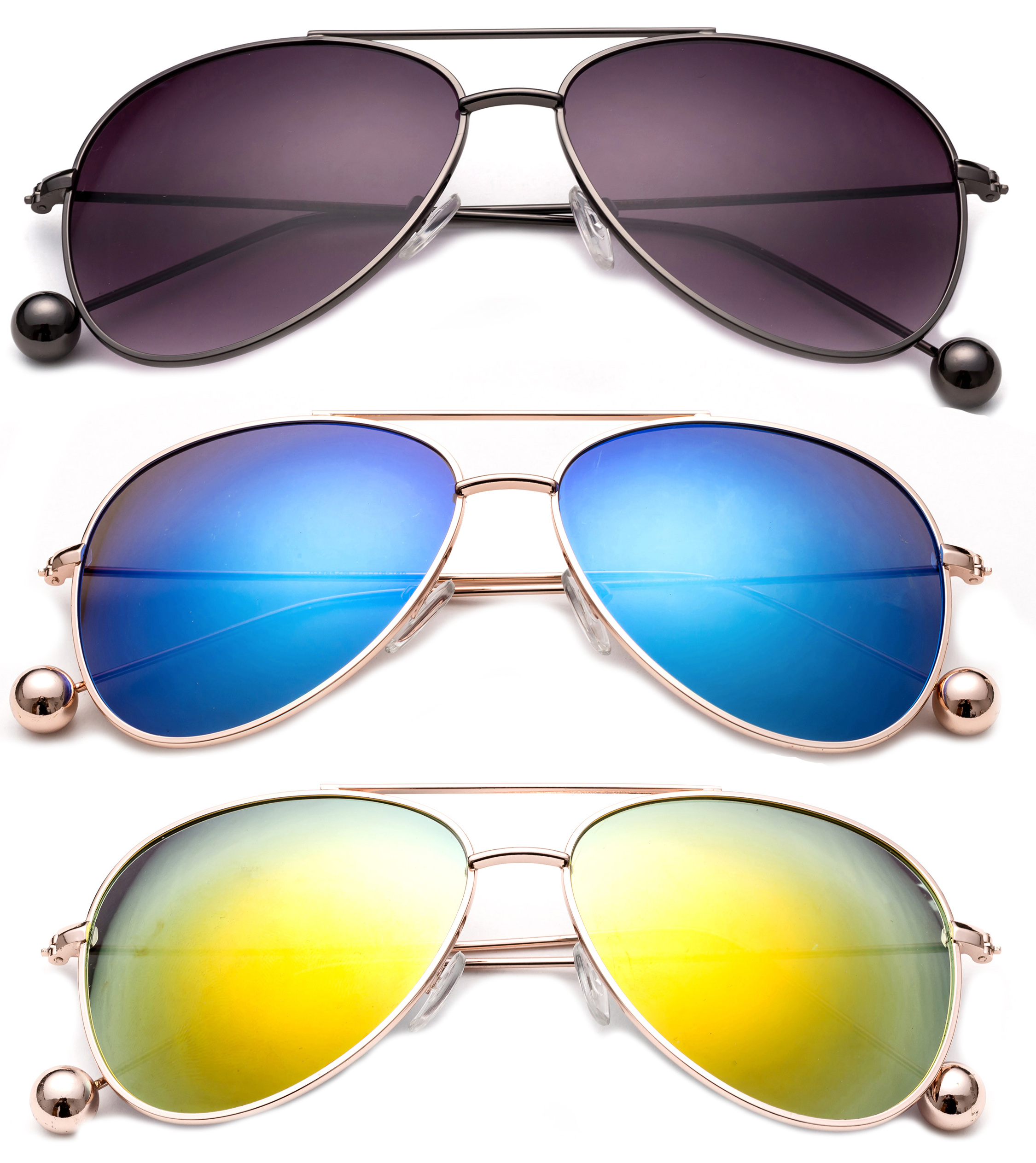 3 Pack Aviator Metal Frame Metal Ball Tip Fashion Sunglasses for Women for Men, Black Smoke, Gunmetal, Orange & Blue - image 1 of 2