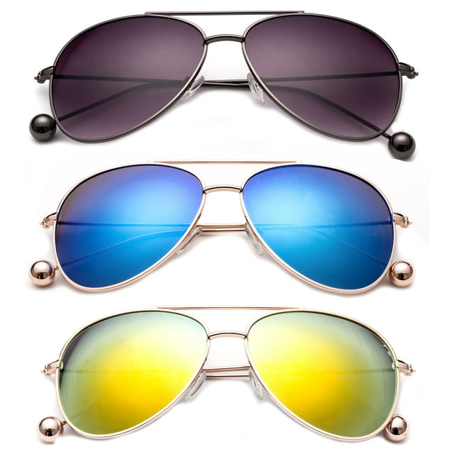 3 Pack Aviator Metal Frame Metal Ball Tip Fashion Sunglasses for Women for Men, Black Smoke, Gunmetal, Orange & Blue