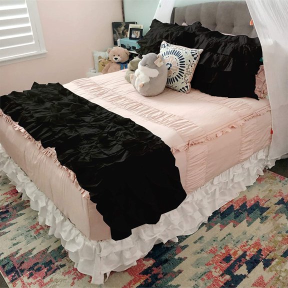 600 Thread Count Egyptian Cotton Multy Ruffled Bed Runner Decorative Bed Scarf 3 Piece ( 1 Bed Runner and 2 Pillow Shams) Queen Size (88" x 18") [Black Solid]