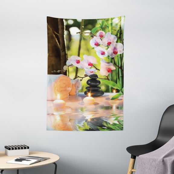 Spa Tapestry, Massage Spa Theme with Candles Orchids and Stones in Garden Japanese Oriental, Wall Hanging for Bedroom Living Room Dorm Decor, 40W X 60L Inches, Pale Green Fuchsia, by Ambesonne