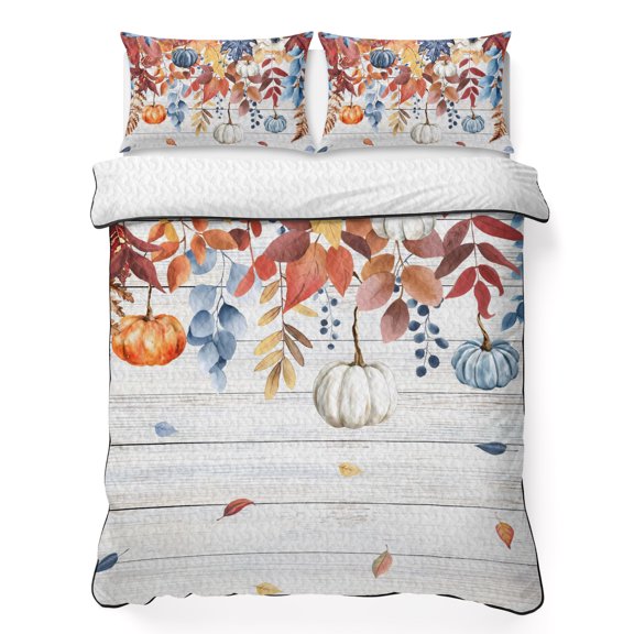 Twin Quilt Bedding Set Farm Eucalyptus Leaves Pumpkins Lightweight Summer Quilted Coverlet for Hot Sleepers, Country Botanical on Wood Breathable Soft Cooling Blanket with 2 Pillow Shams