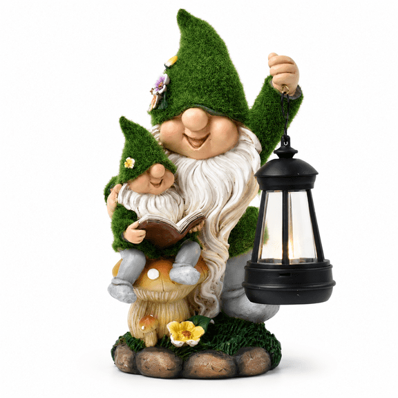 Solar Powered Garden Gnome with Lantern Light, Flocked Outdoor Gnome Statue with Reading Couple Design, Lawn Yard Patio Garden Decor for Flower Bed Pathway