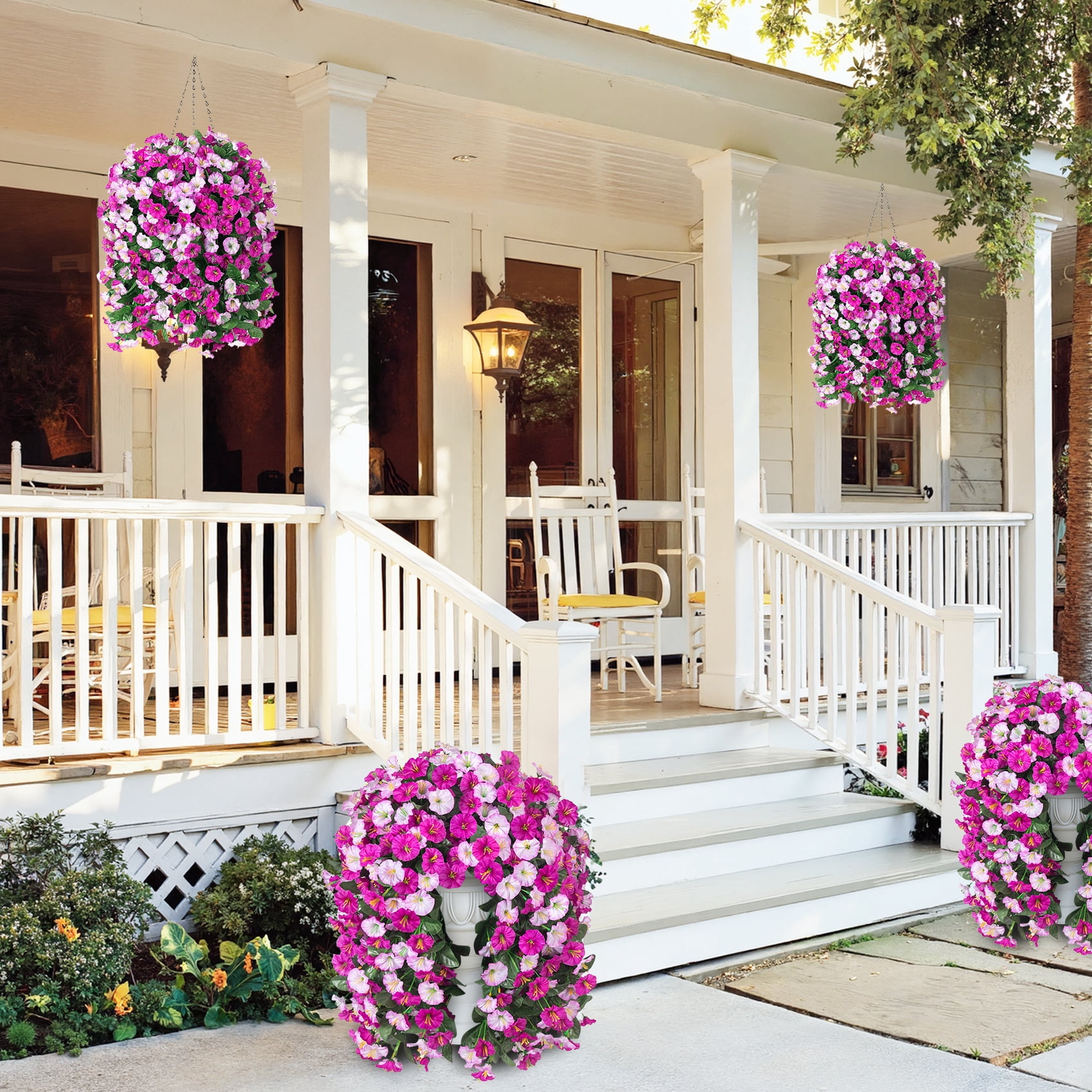 Scidweet Artificial Hanging Flowers Outdoor, 4 Bundles Faux Fake Silk Morning Glory Flowers Plants with Basket for Spring Summer Outside Patio Garden Porch Yard Home Decor