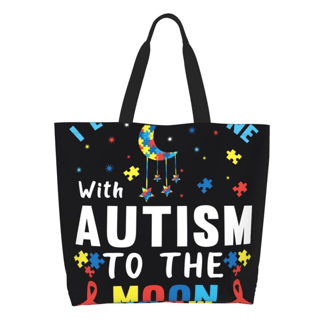 Easygdp I Love With Autism To The Moon And Back Bolsas Tote para Mujer, Bolsos de Hombro para Viaje, Bolsos de Mano de Gran Capacidad para Compras y Trabajo