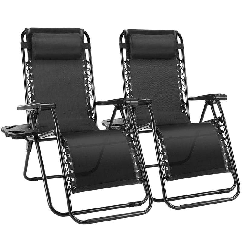 Kelno Recliner Chair 2 Pack Zero Gravity Adjustable Pillow Outdoor Portable Lounge Chair with Cup Holder Tray, Black