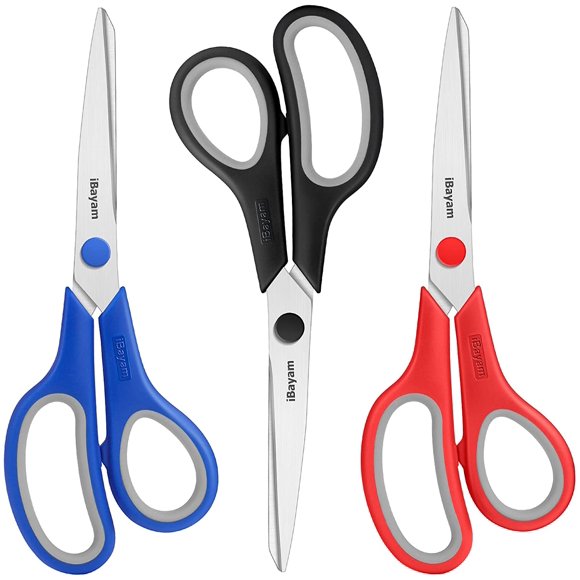 Scissors 8" Multipurpose Scissors Bulk Ultra Sharp Shears, Comfort-Grip Sturdy Scissors for Office Home School Sewing Fabric Craft Supplies, Right/Left Handed, 3-Pack, Red, Black, Blue