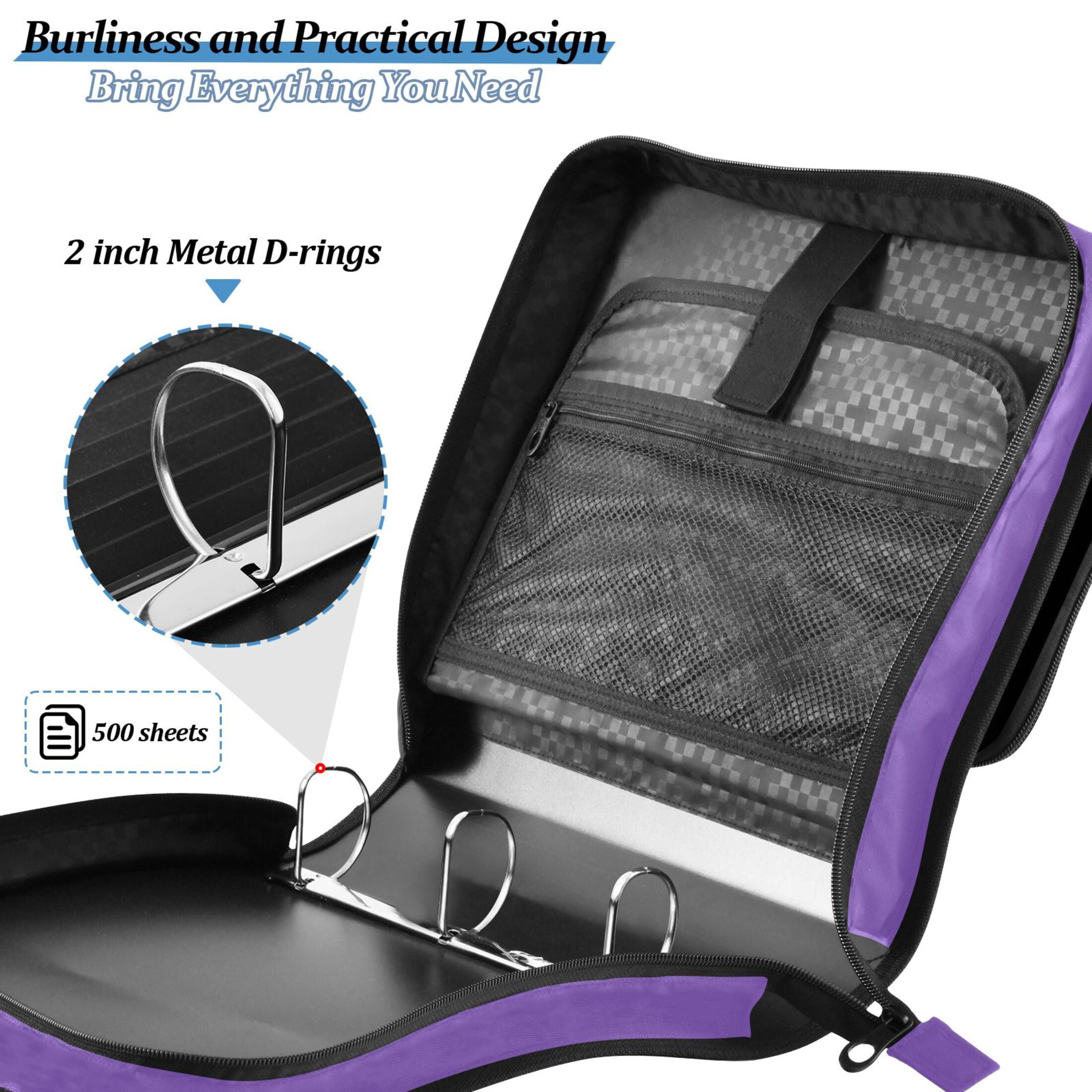 3 Ring Zipper Binder with Shoulder Strap Waterproof Trapper Keeper 2 Inch D-Ring 500 Sheets Capacity Purple