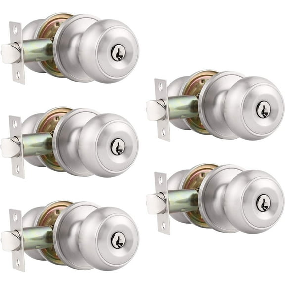 (5 Pack) Satin Nickel Round Entry Door Knobs Keyed Alike, Exterior/Interior Door Handles Bedroom Bathroom/Front/Offic Doors, Door Lock with Locks and 3 Combo Keys Lock Security