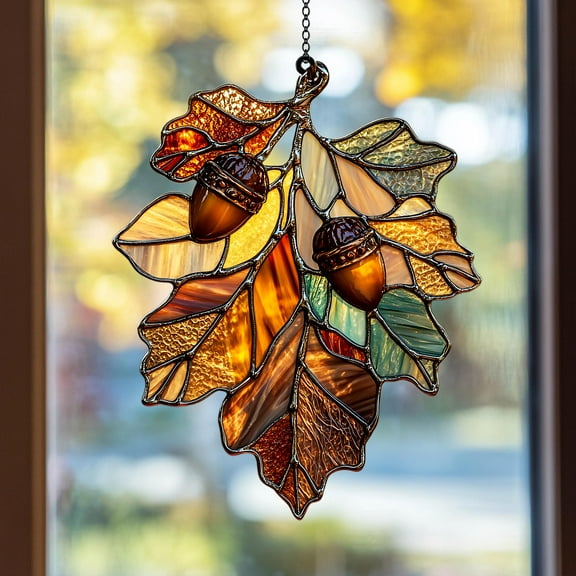 Autumn Acorn & Oak Leaf Acrylic Window Hanging | Woodland Faux Stained Glass Suncatcher Harvest Decor