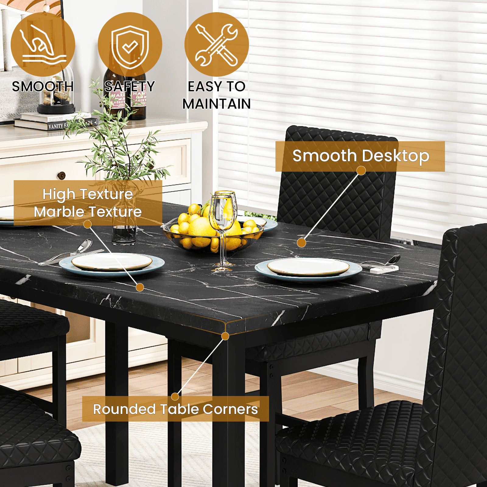 Baxluxe Dining Table Set for 4, Modern 5 Piece Dining Table Set, Faux Marble Kitchen Table and 4 Velvet Upholstered Chairs for Apartments, Dining Rooms, Small Spaces, Black