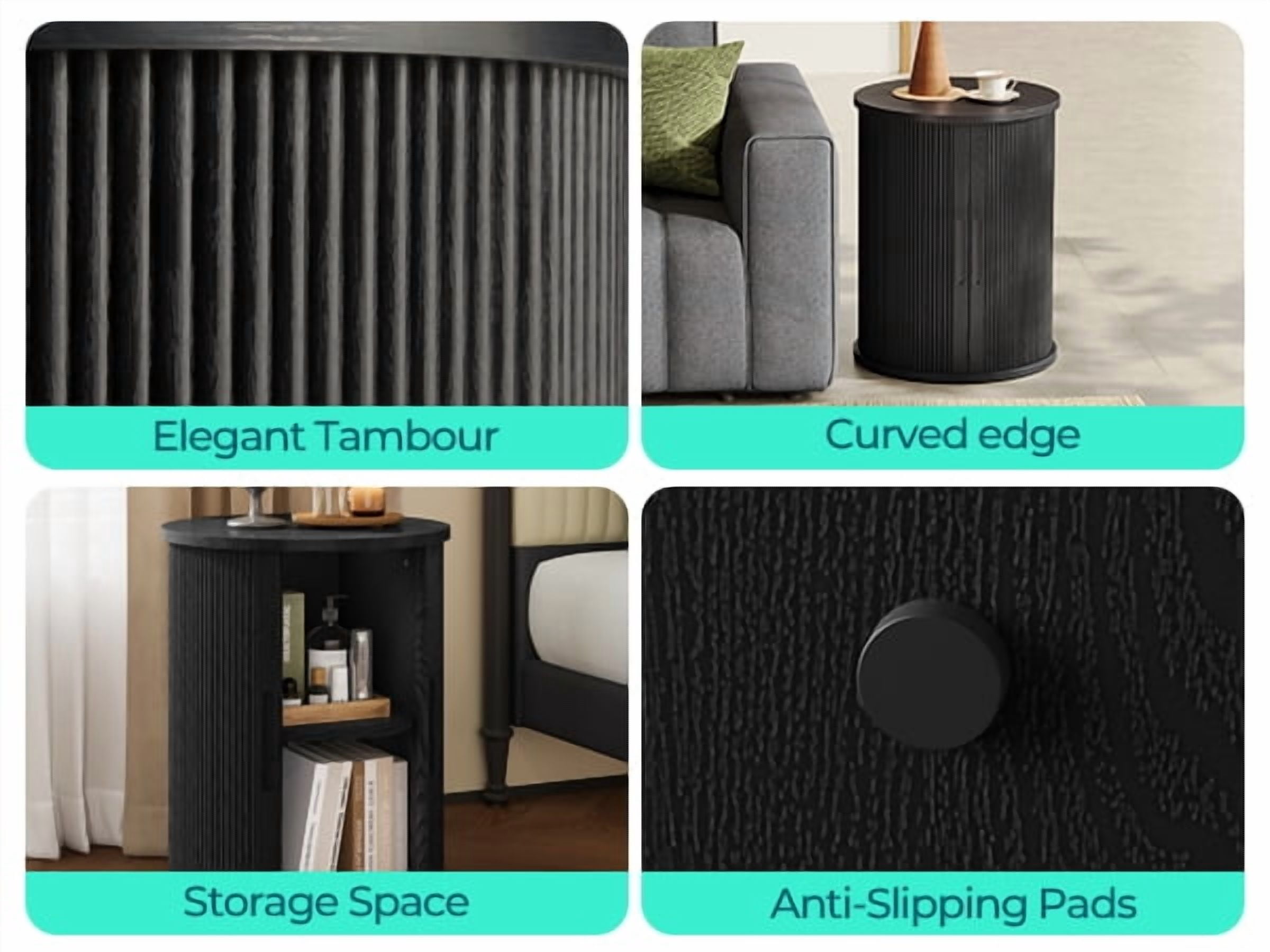 LINSY HOME Fluted Round End Tables for Living Room, Nightstand for Bedroom with with Sliding Tambour Door and Adjustable Shelves, Black(1 Pcs)