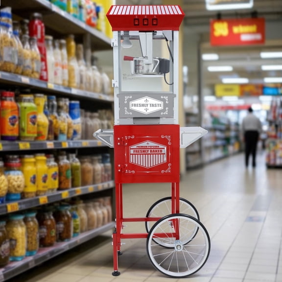 XH-P831-Movie Theater-Style Popcorn Machine Maker with Cart and 12-Ounce Kettle - Red, Vintage-Style Popper on Wheels